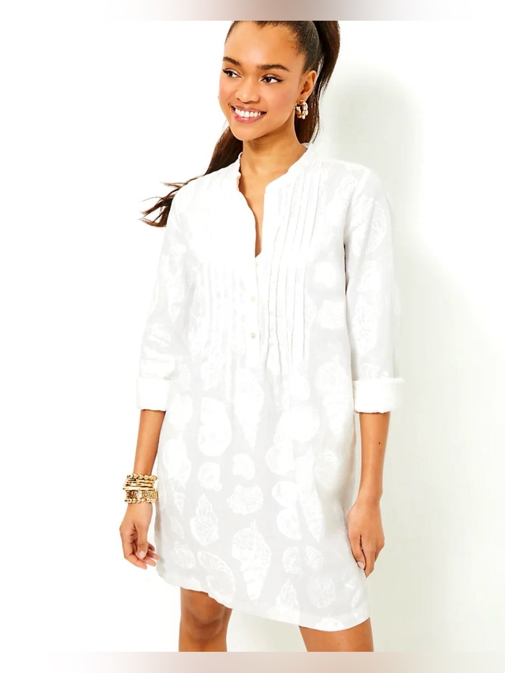 Lily Pulitzer RHODA LONG SLEEVE POPOVER LINEN DRESS White Sz 12 NO TAG AA19